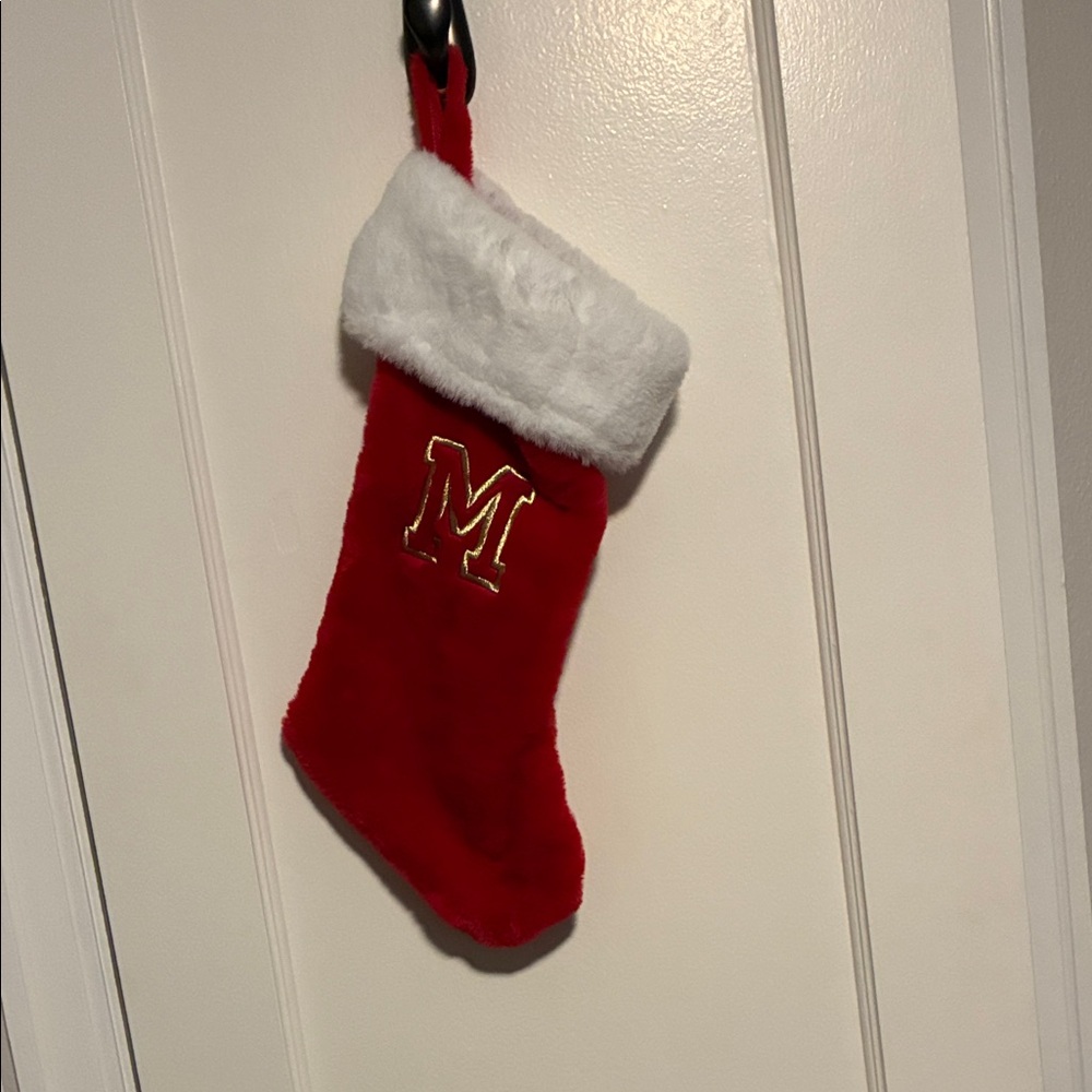 Red Christmas Stocking with Gold Letter “M”